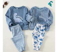 4 pièces Ensemble pyjama bébé garçon avec sweat-shirt à capuche en polaire à manches longues imprimé mignon & pantalon rayé dinosaure, bleu, automne, hiver, tenue de détente assortie pour la famille 6