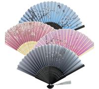 YOLONCE 4 Pièces Éventail Pliants Portatif,Ventilateurs Pliables en Bambou avec Gland,Éventails Pliants pour Cadeaux Décoration Murale Fête de Mariage