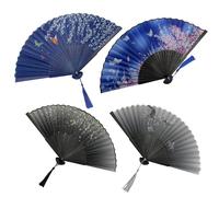 4 Piéces Éventails Pliants,Éventail Pliant pour Femme,Éventails Pliants avec Frange en Soie,Style rétro Vintage Chinois,pour Décoration Mariage Mur Accessoires de Danse(Noir + Bleu)