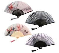 4 pièces éventails pliants,Ventilateur Pliant en avec Frange,Ventilateur Pliant de Soie,Bambou et Style rétro,éventail Pliant de Style Chinois,pour Cadeaux, Décoration Murale Accessoires de Danse