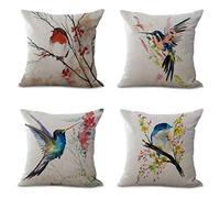 4 pièces Housse de Coussin 45 cm x 45 cm - Couleurs à l'encre de Style Fleurs et Oiseaux - Gris Beige Bleu - en Coton - pour canapé, Maison, Boutique, Bar, Club, Voiture, Chat, Chien - Décoration