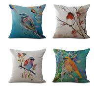 4 pièces Housse de Coussin 45 cm x 45 cm - Couleurs à l'encre de Style Fleurs et Oiseaux - Gris Beige Bleu - en Coton - pour canapé, Maison, Boutique, Bar, Club, Voiture, Chat, Chien - Décoration