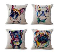 4 pièces Housse de Coussin 45 cm x 45 cm Motif Dog français Peinture Couleur Claire Coton Lin Housse de Coussin pour canapé Home Shop Bar Club Voiture Chat Chien Lit Décor