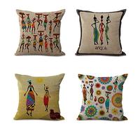 4 pièces Housse de Coussin 45 x 45 cm - Couleur dessinée à la Main - Style Ethnique Africain - Beige Jaune - Coton - pour canapé, Maison, Boutique, Bar, Club, Voiture, Chat - Décoration