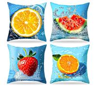 4 Pièces Housse De Coussin été Fruits 40x40 Cm,Housses D'oreiller Motif Fraise, Pastèque Et Orange, Taie D'oreiller En Lin, Housse De Coussin Cute Fruits Thèmes,Pour Décoration Canapé Et Maison