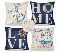 4 Pièces Housses de Coussin Mperméable Housse Coussin 40x40 Océan le Gouvernail Housses Coussin Bleu et Blanc Taie de Coussin Lin Taie Coussin Convient Pour Chambre Jardin Ferme Sofa Coussin Décor