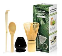 4 Pièces Kit Cérémonie Matcha Japonais en Bambou - Fouet Naturel, Cuillère, Pelle, Porte-Fouet - Coffret pour la Cérémonie du Thé - Noir Brillant
