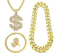 4 Pièces Kit de Costume Hip Hop, Accessoires de Rappeur des Années 80/90 avec Chaîne d'or Signe de Dollar Collier Bague Bracelet, Unisexe Accessoires Hip Hop pour Concerts Rap Carnaval Fête à Thème(B)