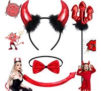 4 Pièces Kit Déguisement Diablesse, Accessoires Diablesse, Deguisement Halloween Femme Demon, Avec Bandeau de Corne Démon, Cravate, Queue, Trident, Pour Cosplay, Mascarade, Dames, Enfants (Rouge)