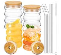 4 Pièces Kit Verres Vagues avec 4 Couvercle, 4 Paille, 1 Brosse, 350ml Verres Café Glacé Transparent, Boire Verres Jus Long, Verre Eau Striés, Verre Bulles pour Soda, Cocktail, Whisky, Thé, Lait