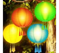 4 Pièces Lampions Solaires D'extérieur, Lampion Exterieur,Lanterne Solaire Suspendue Étanche,Lanternes LED Résistantes aux Intempéries avec 4 Pompons,Pour Patio, Terrasse, Jardin, Mariage, Fête