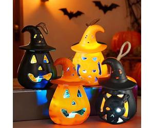 4 Pièces Lanternes citrouilles d'halloween, Lanterne Halloween LED, Decoration Halloweens Exterieur, Halloween Decoration Citrouille Lumineuse, Déco Jardin Lumière Batterie Fantome Veilleuse Table