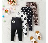 4 pièces Leggings décontractés polyvalents doux et mignons pour filles avec motifs floraux, léopard, cœur et noir unicolore. Très rentables. Conviennent pour les jeux d'intérieur et d'extérieur au pri