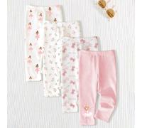 4 pièces Leggings et collants pour bébé fille, mignons, style princesse, rose et blanc, imprimé fille de ballet, nœud et fleurs, coupe ajustée, régulier, pour fête d'anniversaire, automne, premier ann