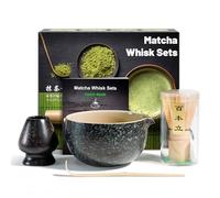 4 Pièces Matcha kit ceremonie japonais, Fouet matcha bambou naturel, bol matcha, Pelle en bambo, Porte-Fouet, kit matcha complet, Coffret matcha, pour la cérémonie du thé - Noir moucheté
