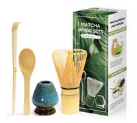4 Pièces Matcha kit ceremonie japonais, Fouet matcha naturel, Cuillère en bambou, pelle en bambou, Porte-Fouet, Coffret matcha pour la cérémonie du thé, la boisson - Bleu rêveux