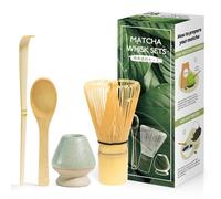 4 Pièces Matcha kit ceremonie japonais, Fouet matcha naturel, Cuillère en bambou, pelle en bambou, Porte-Fouet, Coffret pour la cérémonie du thé - Vert Grisâtre