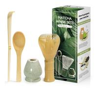 4 Pièces Matcha kit ceremonie japonais, Jaune Fouet en Résine Chasen, Cuillère en bambou, pelle en bambou, Porte-Fouet, Coffret matcha pour la cérémonie du thé, la boisson - Matcha vert