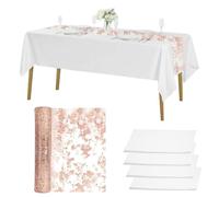 4 Pièces Nappe Blanche Jetable 137 x 274 cm et 1 Rouleau de Chemin de Table Rose Gold de 28 cm x 10 m, Nappe Rectangulaire Blanche, Nappes Jetables Imperméable en PEVE, pour Anniversaire, Banquet