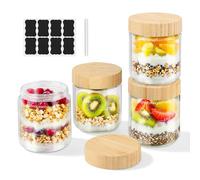 4 Pièces Overnight Oats Jar 500ml,Bocaux en Verre Pot avec Couvercles en Bois, Bocaux en Verre Hermétique, Meal Prep Containers Verre pour Yaourt,Céréales,Puddings, Confitures, Snacks