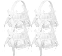 4 Pièces Panier Mariage, Blanc, Satin et Perles | Paniers de Mariage, Panier Fleuri Décoratif, avec Poignée, Ruban et Nœud, pour Pétales et Confettis