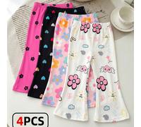 4 pièces Pantalons évasés décontractés et polyvalents pour bébés filles, imprimés de fleurs, de cœurs et de visages. Haute valeur, convient pour les jeux d'intérieur et d'extérieur au printemps/été. D