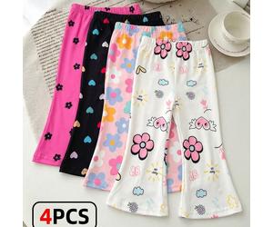 4 pièces Pantalons évasés décontractés et polyvalents pour bébés filles, imprimés de fleurs, de cœurs et de visages. Haute valeur, convient pour les jeux d'intérieur et d'extérieur au printemps/été. D
