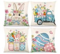 4 Pièces Pâques Housses De Coussin 40 X 40 Cm,Taie D'oreiller De Pâques,Taie D'oreiller En Lin,Motif De Lapin De Fleurs Décoration De Pâques,Pour Canapé Chambre Maison Printemps Décoration (A)
