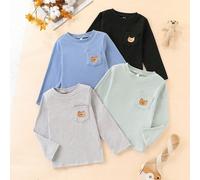 4 pièces/Paquet Jeune garçon T-shirts basiques à manches longues col rond avec poche, couleur unie, polyvalents pour les loisirs, les sports, le port quotidien, convenant pour l'extérieur, l'école, l'