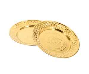 4 Pièces Plateau de Service Rond Doré en Acier Inoxydable 24cm Vintage | Texture Rétro Thaïe, Surface Antidérapante, pour Desserts et Bijoux, Décoratif, Réutilisable, Facile à Nettoyer