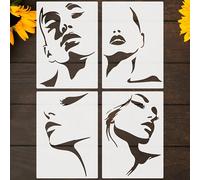 4 pièces Pochoirs d'art de silhouette féminine réutilisables. Pochoirs de contour du visage avec profils de femmes diversifiés pour les artisanats DIY, les tatouages, la décoration murale, en PET. Idé