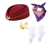 4 pièces pour femme - Accessoires de costume d'hôtesse de l'air - Tenue d'hôtesse de l'air avec chapeau de bellhop, écharpe, gants, épingles d'avion - Costume d'hôtesse de l'air pour femme, rouge vin