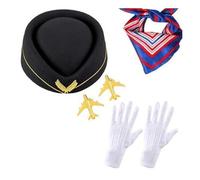4 pièces pour femme - Accessoires de costume d'hôtesse de l'air - Tenue d'hôtesse de l'air avec chapeau de bellhop, écharpe, gants, épingles d'avion - Costume d'hôtesse de l'air pour femme, Noir