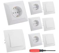 4 Pièces Prise Murale Encastrée et 4 Pièces Interrupteur Ou Va-et-Vient | Prise Electrique Murale Simple Interrupteur D'éclairage Blanc avec Cadre avec Tournevis pour Chambre Cuisine - 82x82 mm