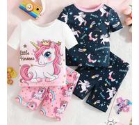 4 pièces Pyjamas pour bébé fille Imprimé mignon étoile arc-en-ciel licorne Coupe ajustée Tricot Col rond Haute élasticité Manches courtes Shorts 2 ensembles Cadeau de vacances pour bébé 2Y,3Y,9-12M,12