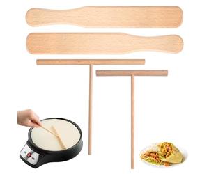 4 Pièces Repartiteur et Spatule Crêpes en Bois de Hêtre, 12 cm/18 cm, Forme T, Râteau Pancakes, Jambon, Palates