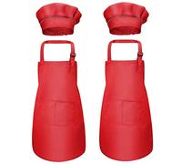 4 Pièces Rouge Tablier Enfant et Chapeau de Chef, Ajustable Tablier de Chef avec 2 Poches pour Filles Garçons, Bambin Tabliers de Cuisine Jardin pour Cuisson Peinture l'artisanat (7-13 Ans)