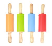 4 Pièces Rouleau Pâtisserie Silicone Surface Antiadhésive Rouleau Pâtisserie pour Enfants Manche Bois pour Cuisson, Pâte à Tarte, Biscuits, Fondant, Pizza (Rouge/Vert/Orange/Bleu)