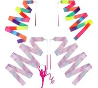4 Pièces Rubans de Danse, 2 m Ruban Gymnastique Enfant Arc-en-Ciel et Rose, Ruban de Gymnastique Rythmique avec Baguette pour Enfants Filles Danse Artistique, Gymnastique, Entraînement, Cadeaux