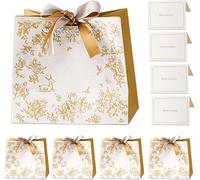 4 Pièces Sac Cadeau, Pochette Cadeau, Sacs Cadeaux, Sachet Cadeau, Sac Cadeaux Avec Anse Cartes De V?ux Et Ruban, Paquet Cadeau Pour Noël Anniversaire Mariages Fête 18x16x10cm (Blanc,Or)