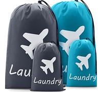 4 Pièces Sacs à Linge de Voyage, Sac d'Organisateur de Voyage avec Cordon de Serrage en Nylon Organisateur de Vêtements Sales Lavables en Machine Sacs de Tapis à Linge Bleu Gris de Voyage