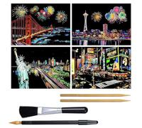 4 Pièces Scratch Paper Rainbow Painting Sketch Adulte Peinture à Gratter Papier Arc En Ciel Carnet de Croquis Carte a Gratter Scène de Nuit Paysage Tableau à Gratter (A4) Créatif Bricolage Artisanat d