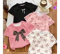 4 pièces/set Blanc crème, rose, rose crème, t-shirts à manches courtes col rond avec imprimé léopard vintage et mini pois noirs, ambiance de Noël, série nœud simple et décontractée, convient pour tout