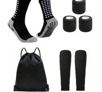 4 pièces/set Chaussettes antidérapantes pour le football - 1 paire de jambières courtes antidérapantes de haute qualité, 1 paire de manchons de jambe, 1 sac de sport à cordon et 3 bandages - Tissu tri
