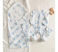 4 pièces/set Coffret cadeau de naissance, comprend une combinaison à manches longues avec imprimé de carrousel mignon, un bavoir, une couverture, des mitaines. Tenue confortable pour bébés garçons et 