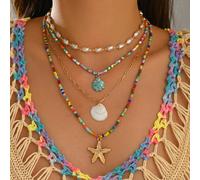 4 pièces/Set Collier de perles de graines colorées style bohème avec chaîne de fausses perles et pendentif étoile de mer et coquillage, design unique et polyvalent pour femmes, bijoux de cou à la mode