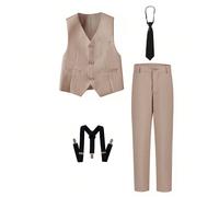 4 pièces/Set Costume pour garçons, Tenue de smoking pour tout-petits, Tenue de garçon d'honneur comprenant un gilet, un pantalon, des bretelles et une cravate. Tenue de cérémonie pour enfants, couleur