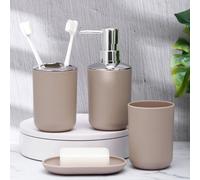 4 pièces Set d'accessoires de salle de bain minimaliste en plastique, comprenant un flacon de lotion, un gobelet de rinçage, un porte-savon et un porte-brosse à dents. Convient pour la décoration de l