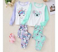 4 pièces/Set de pyjama Jeune fille Impression blocs de couleurs Dora Licorne Ajustement Serré Hauts à Manches Longues et Pantalons Longs Ensembles de Pyjama de Détente, Automne/Hiver 6Y,7Y,4Y,5YCartoo