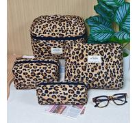 4 pièces Set de sacs de maquillage à imprimé léopard , palette de couleurs léopard classique, design à fermeture éclair, trousse de maquillage matelassée épaisse et douce, sac de toilette de voyage po